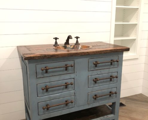 Refurbished dresser for sink with barnwood and copper sink Refurbished dresser for sink with barnwood and copper sink