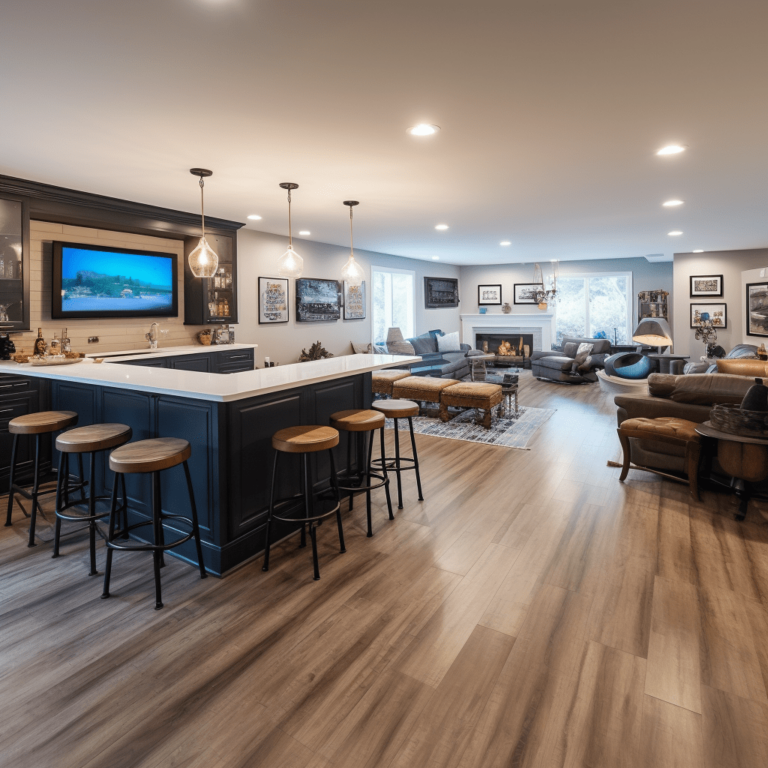 basement remodel with bar and cigar area