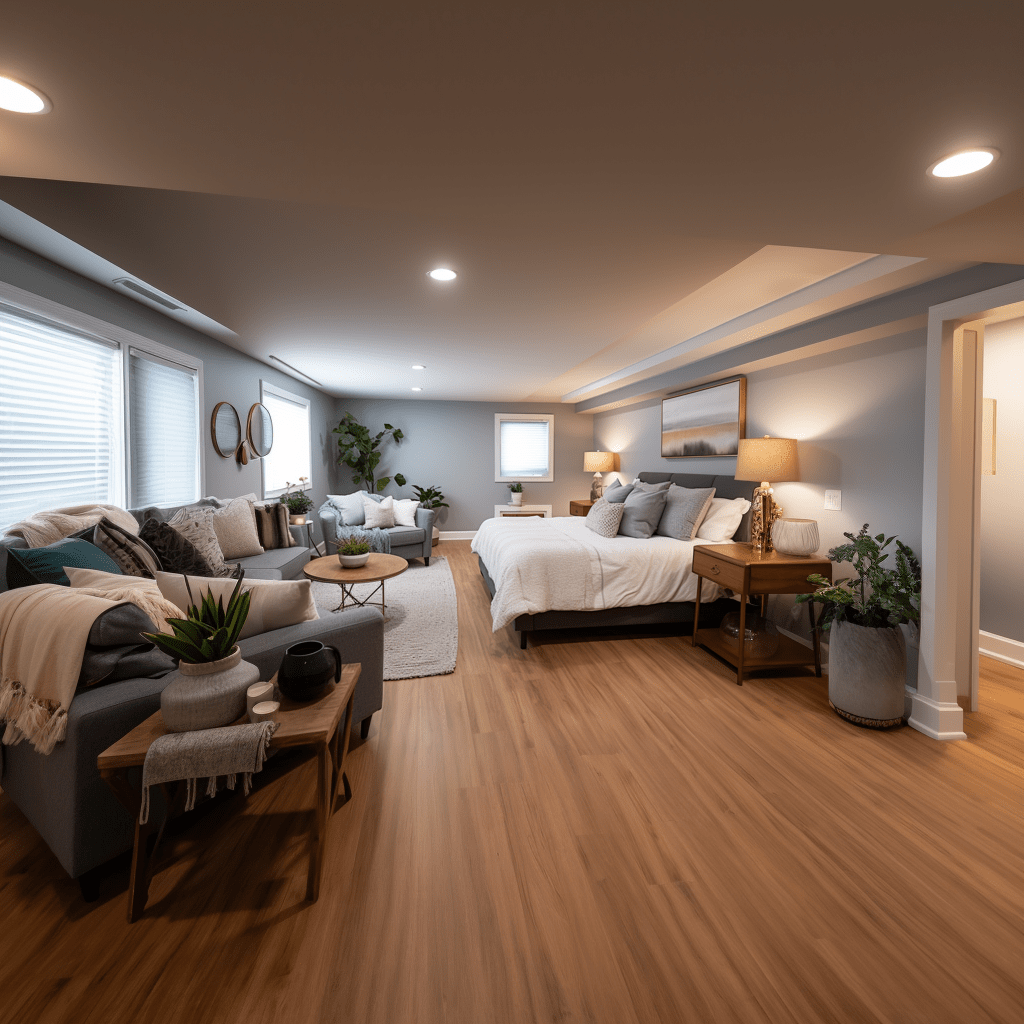 basement remodel with bedroom and bathroom